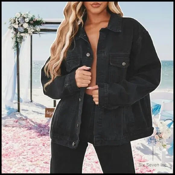 Distressed Oversized Denim Trucker Jacket Women's Long Sleeve Button Up - Picture 4 of 8